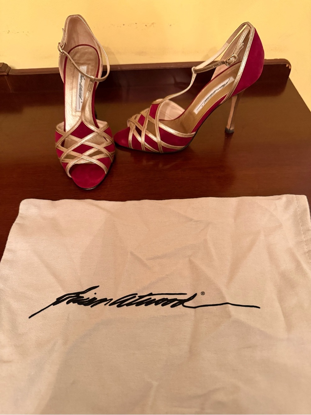 Brian Atwood Gold Strappy Heels with Red Footbed